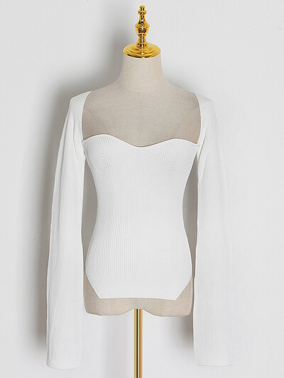 TWOTWINSTYLE Pulover de damă tricotat cu despărțire laterală alb, cu guler pătrat, cu mânecă lungă, pentru femei, la modă de toamnă, haine noi 2022