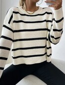 Φθινοπωρινό χειμωνιάτικο γυναικείο ταμπεραμέντο φαρδύ ριγέ απλό πλεκτό πουλόβερ τεμπέλης ρετρό στυλ με λαιμόκοψη πουλόβερ