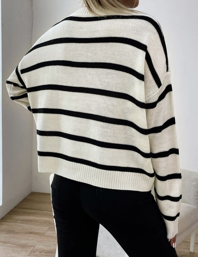 Φθινοπωρινό χειμωνιάτικο γυναικείο ταμπεραμέντο φαρδύ ριγέ απλό πλεκτό πουλόβερ τεμπέλης ρετρό στυλ με λαιμόκοψη πουλόβερ