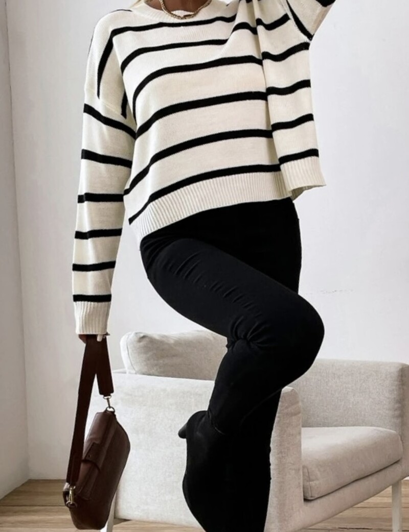 Φθινοπωρινό χειμωνιάτικο γυναικείο ταμπεραμέντο φαρδύ ριγέ απλό πλεκτό πουλόβερ τεμπέλης ρετρό στυλ με λαιμόκοψη πουλόβερ