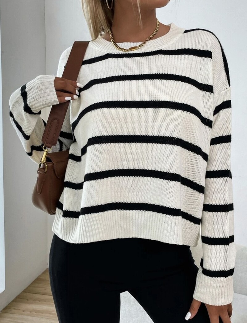 Φθινοπωρινό χειμωνιάτικο γυναικείο ταμπεραμέντο φαρδύ ριγέ απλό πλεκτό πουλόβερ τεμπέλης ρετρό στυλ με λαιμόκοψη πουλόβερ