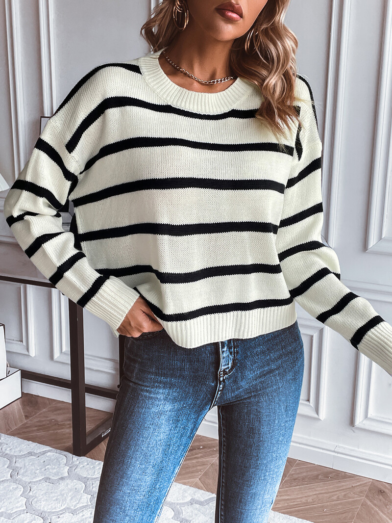 Φθινοπωρινό χειμωνιάτικο γυναικείο ταμπεραμέντο φαρδύ ριγέ απλό πλεκτό πουλόβερ τεμπέλης ρετρό στυλ με λαιμόκοψη πουλόβερ