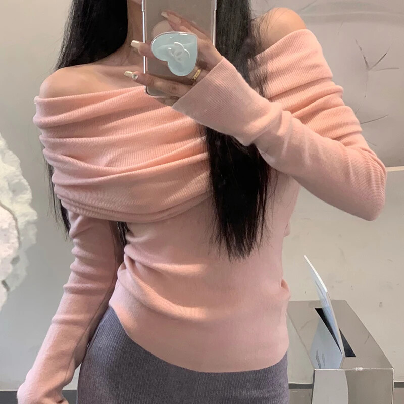 EVNISI Γυναικείο πλεκτό Slash Slim πουλόβερ Μασίφ πουλόβερ γραφείου Off Shoulder Μακρυμάνικο πουλόβερ για Γυναικεία Φθινόπωρο Χειμώνας 2023