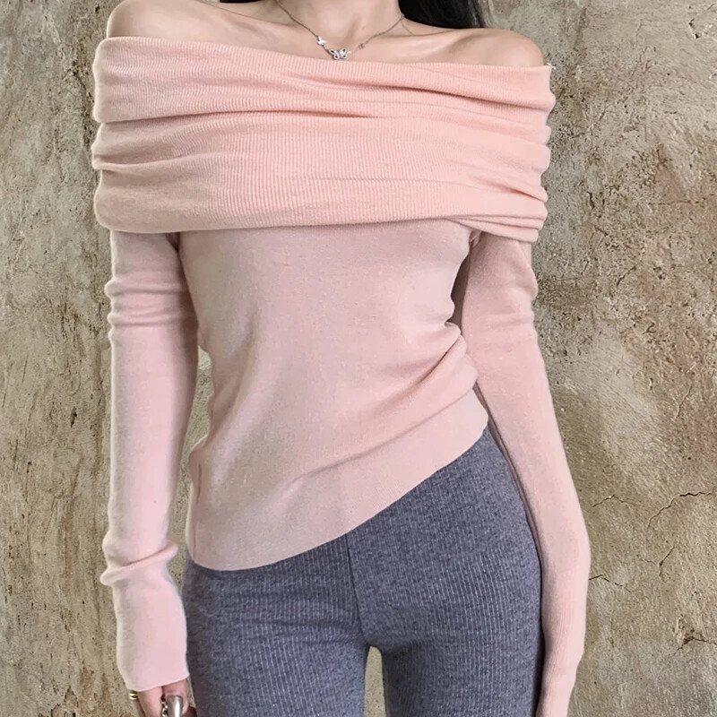 EVNISI Γυναικείο πλεκτό Slash Slim πουλόβερ Μασίφ πουλόβερ γραφείου Off Shoulder Μακρυμάνικο πουλόβερ για Γυναικεία Φθινόπωρο Χειμώνας 2023