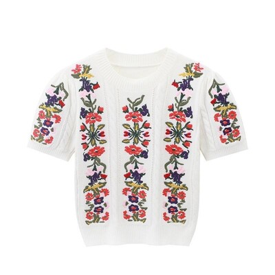 Vintage Κομψό κεντημένο πλεκτό πουλόβερ Γυναικεία μπλουζάκια καλοκαιρινά φουσκωτά μανίκια με λαιμόκοψη Πουλόβερ Κομψά μοδάτα κομψά πλεκτά