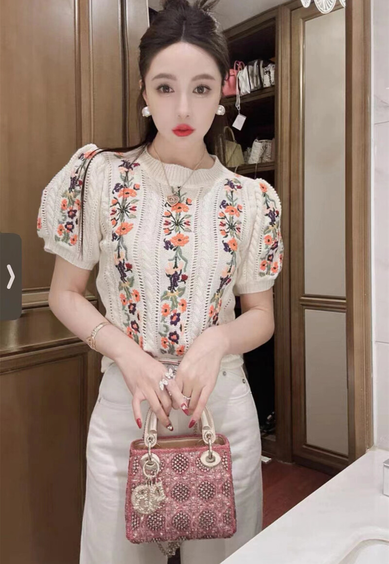 Vintage Κομψό κεντημένο πλεκτό πουλόβερ Γυναικεία μπλουζάκια καλοκαιρινά φουσκωτά μανίκια με λαιμόκοψη Πουλόβερ Κομψά μοδάτα κομψά πλεκτά