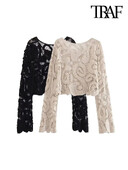 TRAF Pulover din tricot croșetat semitransparent la modă pentru femei, cu mânecă lungă, sexy, cu gâtul O, Pulovere pentru femei, Topuri șic