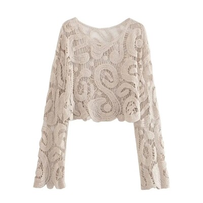 TRAF Pulover din tricot croșetat semitransparent la modă pentru femei, cu mânecă lungă, sexy, cu gâtul O, Pulovere pentru femei, Topuri șic