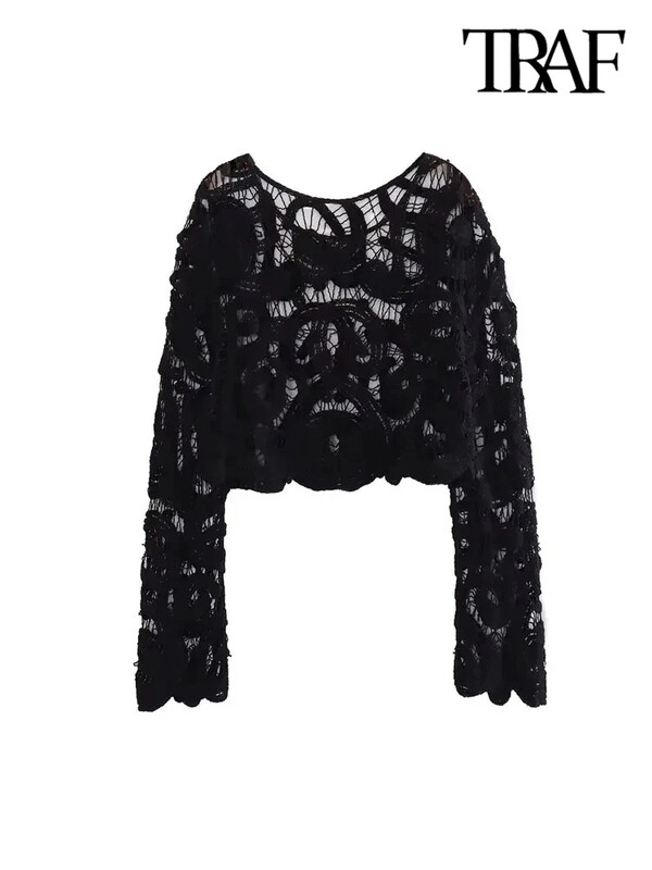 TRAF Pulover din tricot croșetat semitransparent la modă pentru femei, cu mânecă lungă, sexy, cu gâtul O, Pulovere pentru femei, Topuri șic