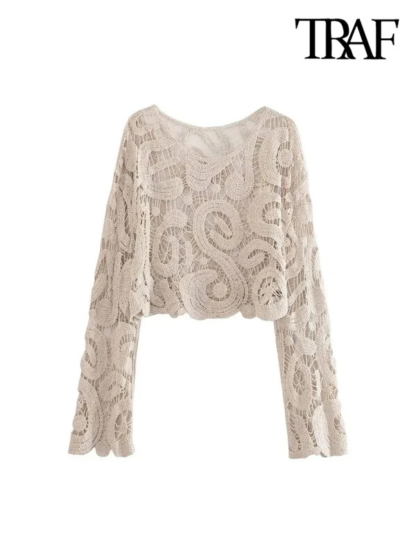 TRAF Pulover din tricot croșetat semitransparent la modă pentru femei, cu mânecă lungă, sexy, cu gâtul O, Pulovere pentru femei, Topuri șic