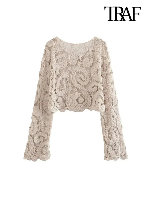 TRAF Pulover din tricot croșetat semitransparent la modă pentru femei, cu mânecă lungă, sexy, cu gâtul O, Pulovere pentru femei, Topuri șic