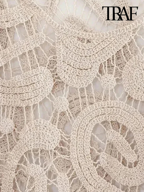 TRAF Pulover din tricot croșetat semitransparent la modă pentru femei, cu mânecă lungă, sexy, cu gâtul O, Pulovere pentru femei, Topuri șic