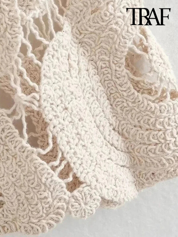 TRAF Pulover din tricot croșetat semitransparent la modă pentru femei, cu mânecă lungă, sexy, cu gâtul O, Pulovere pentru femei, Topuri șic