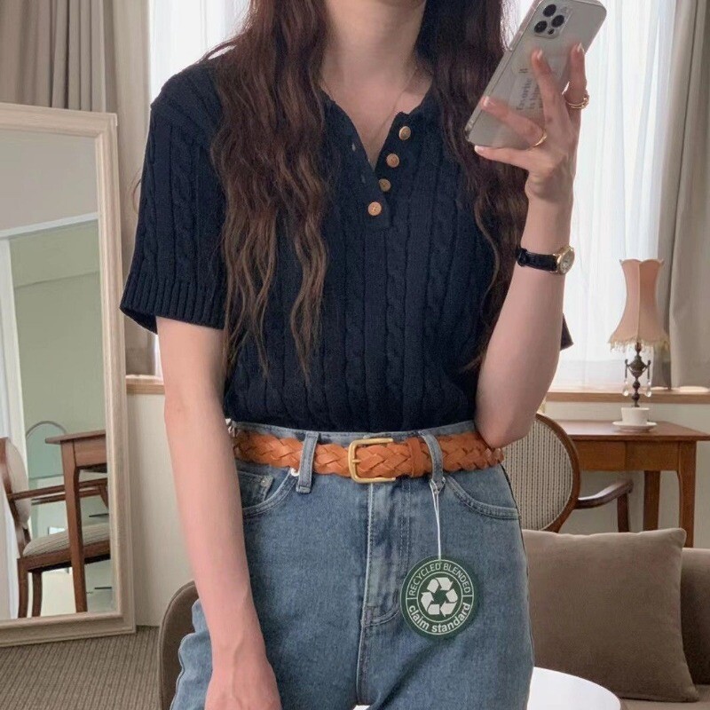 Deeptown Basic Ženski pulover kratkih rukava Kintwear Uski ljetni puloveri Korejske mode Kintted majice Old Money Ležerni džemper