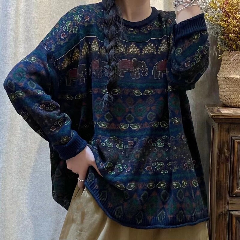 Rudens kokvilnas trikotāžas vintage džemperi Sieviešu brīvi ziloņu apdrukāti ikdienas džemperi ar O veida kakla apkakli un pilnām piedurknēm