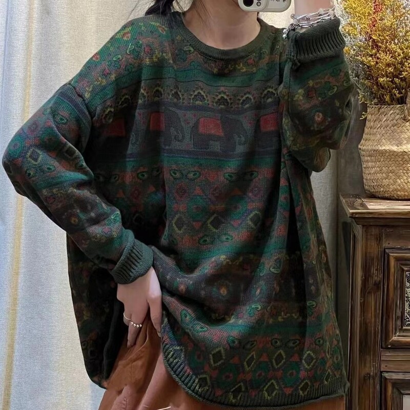 Rudens kokvilnas trikotāžas vintage džemperi Sieviešu brīvi ziloņu apdrukāti ikdienas džemperi ar O veida kakla apkakli un pilnām piedurknēm