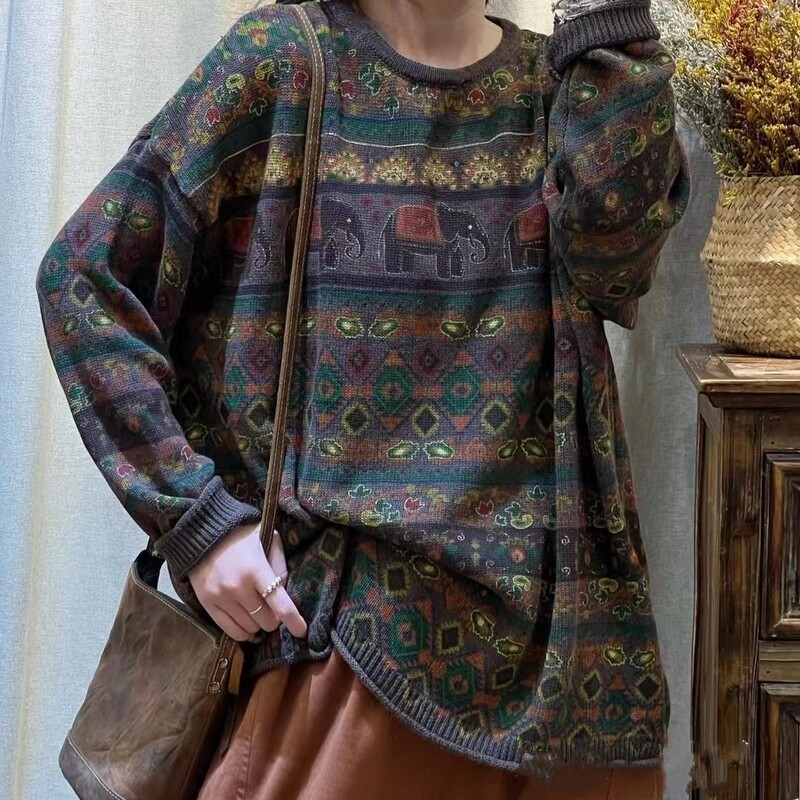 Rudens kokvilnas trikotāžas vintage džemperi Sieviešu brīvi ziloņu apdrukāti ikdienas džemperi ar O veida kakla apkakli un pilnām piedurknēm