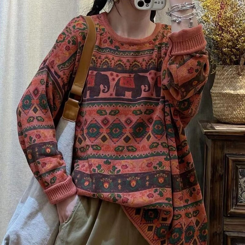 Rudens kokvilnas trikotāžas vintage džemperi Sieviešu brīvi ziloņu apdrukāti ikdienas džemperi ar O veida kakla apkakli un pilnām piedurknēm