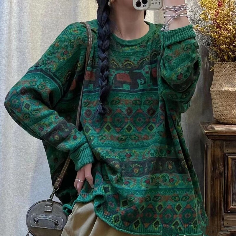 Rudens kokvilnas trikotāžas vintage džemperi Sieviešu brīvi ziloņu apdrukāti ikdienas džemperi ar O veida kakla apkakli un pilnām piedurknēm