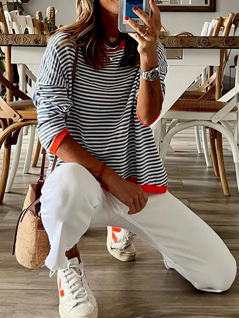 2024. gada vasaras adīšana sieviešu džemperis, svītra ar O veida kakla izgriezumu, garām piedurknēm, vaļīgi džemperi Sieviešu ziemas ikdienas modes eleganti sieviešu apģērbi