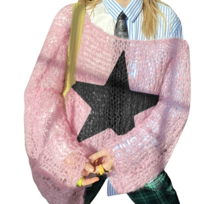 Pulovere supradimensionate din tricot scobit femei Grunge Harajuku Streetwear lejer cu mânecă lungă cu gât rotund Pulover Topuri Pulovere casual