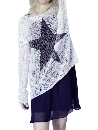 Pulovere supradimensionate din tricot scobit femei Grunge Harajuku Streetwear lejer cu mânecă lungă cu gât rotund Pulover Topuri Pulovere casual