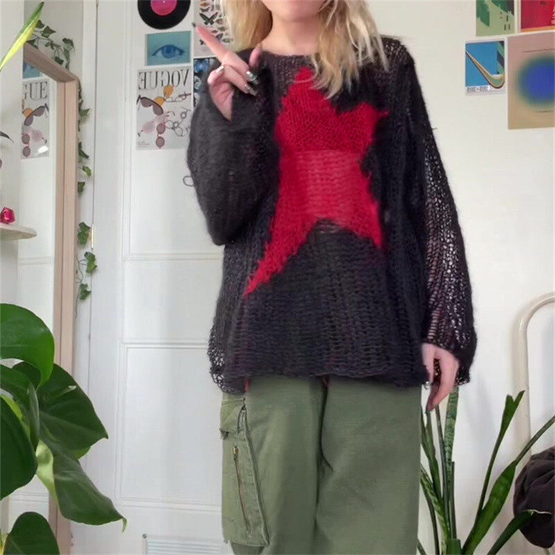 Pulovere supradimensionate din tricot scobit femei Grunge Harajuku Streetwear lejer cu mânecă lungă cu gât rotund Pulover Topuri Pulovere casual