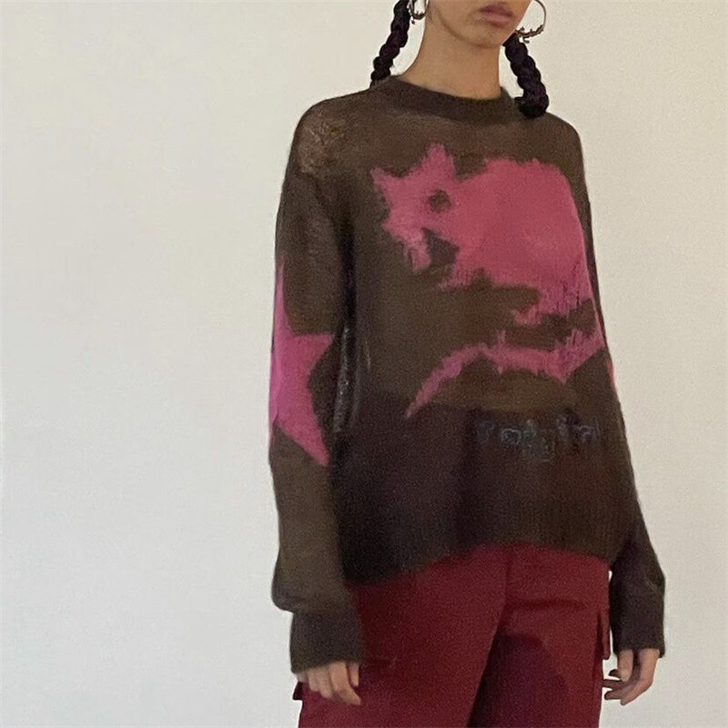 Pulovere supradimensionate din tricot scobit femei Grunge Harajuku Streetwear lejer cu mânecă lungă cu gât rotund Pulover Topuri Pulovere casual