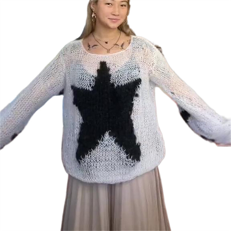 Pulovere supradimensionate din tricot scobit femei Grunge Harajuku Streetwear lejer cu mânecă lungă cu gât rotund Pulover Topuri Pulovere casual