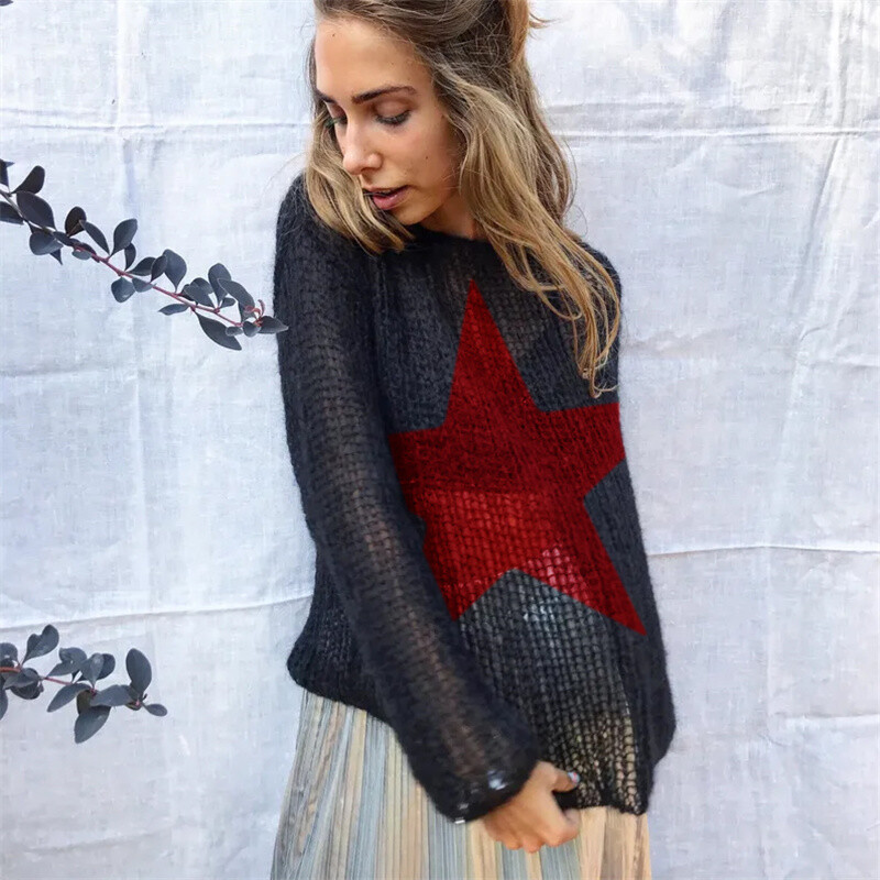 Pulovere supradimensionate din tricot scobit femei Grunge Harajuku Streetwear lejer cu mânecă lungă cu gât rotund Pulover Topuri Pulovere casual