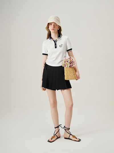 FSLE uredska ženska polo pletena majica kratkih rukava ženska nova ljetna 2024. nova retro klasična bijela tamnoplava ženska top ležerna široka 24FS12370