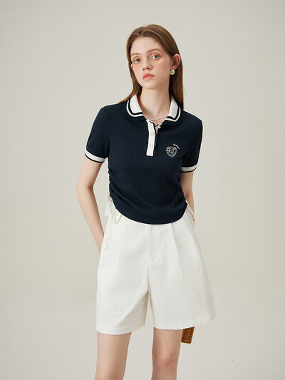 FSLE uredska ženska polo pletena majica kratkih rukava ženska nova ljetna 2024. nova retro klasična bijela tamnoplava ženska top ležerna široka 24FS12370