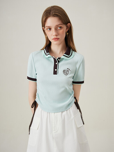 FSLE uredska ženska polo pletena majica kratkih rukava ženska nova ljetna 2024. nova retro klasična bijela tamnoplava ženska top ležerna široka 24FS12370