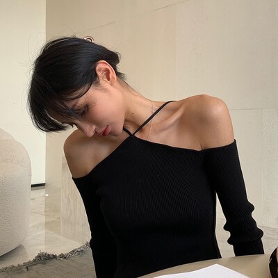 Sieviešu Crop džemperis Seksīgs no pleciem, plāni trikotāžas džemperi ar garām piedurknēm, adīts tops Y2k modes džemperis korejiešu ielas apģērbs