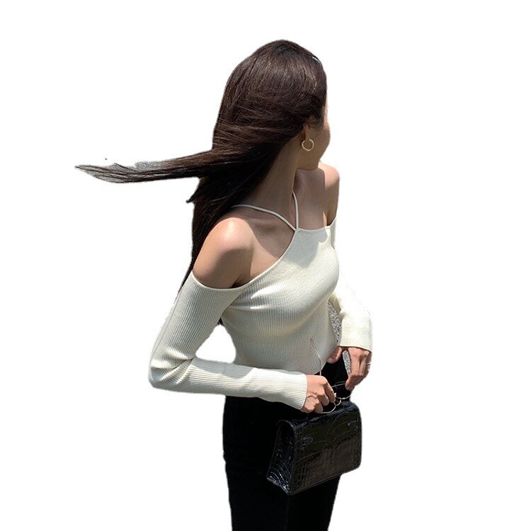 Sieviešu Crop džemperis Seksīgs no pleciem, plāni trikotāžas džemperi ar garām piedurknēm, adīts tops Y2k modes džemperis korejiešu ielas apģērbs