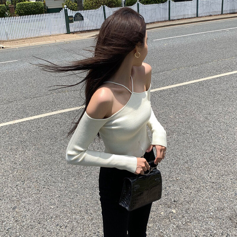 Sieviešu Crop džemperis Seksīgs no pleciem, plāni trikotāžas džemperi ar garām piedurknēm, adīts tops Y2k modes džemperis korejiešu ielas apģērbs