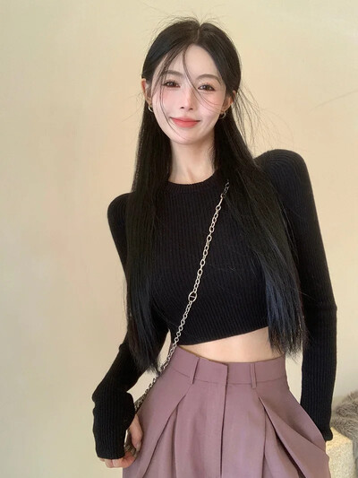 Piedurkņu trikotāžas tops apgriezts džemperis sieviešu rudens/ziemas stila novājēšanu gludi siluets pamatslānis iekšējais karstums meitene studente