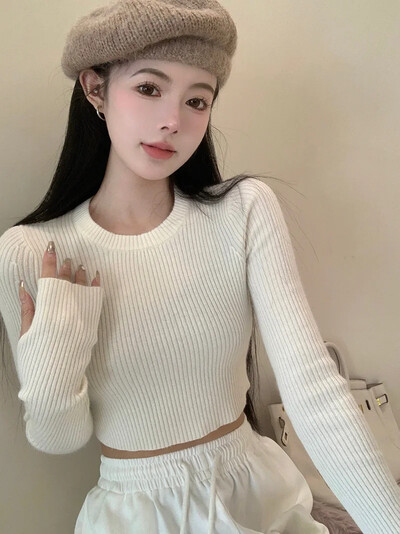 Piedurkņu trikotāžas tops apgriezts džemperis sieviešu rudens/ziemas stila novājēšanu gludi siluets pamatslānis iekšējais karstums meitene studente