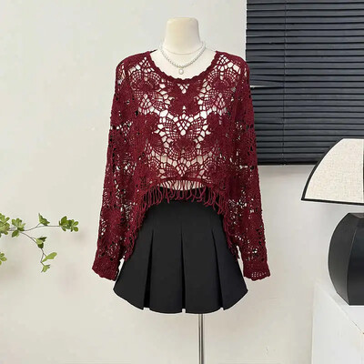 Tauriņš, tamborēts sieviešu tops, pludmales pārklājums ar bārkstīm ar sikspārņu piedurknēm, atvērts adīts Crop pončo džemperis, džemperis, atvaļinājuma Boho apģērbs