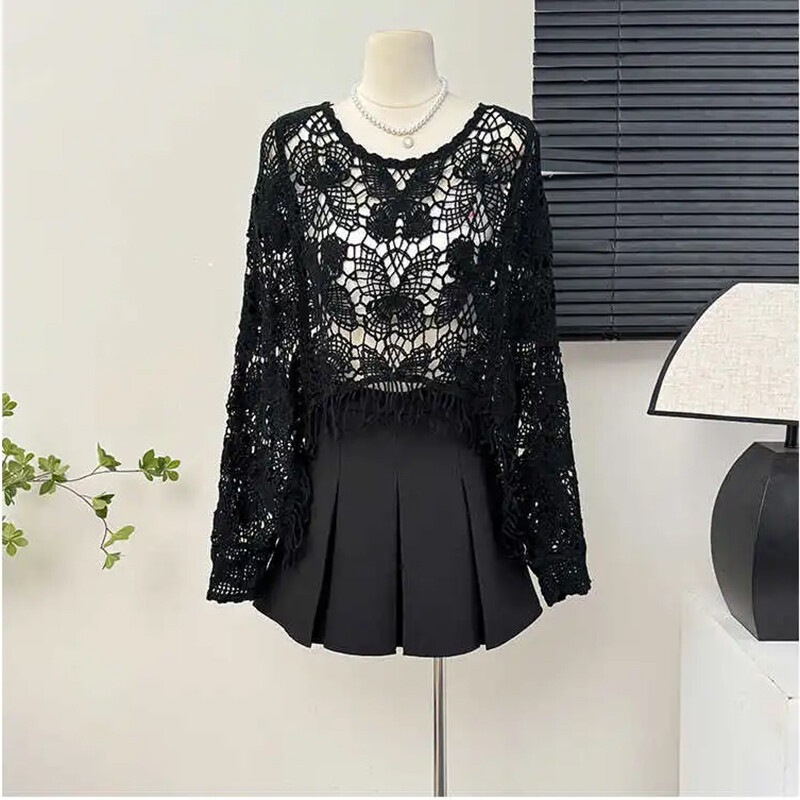 Tauriņš, tamborēts sieviešu tops, pludmales pārklājums ar bārkstīm ar sikspārņu piedurknēm, atvērts adīts Crop pončo džemperis, džemperis, atvaļinājuma Boho apģērbs