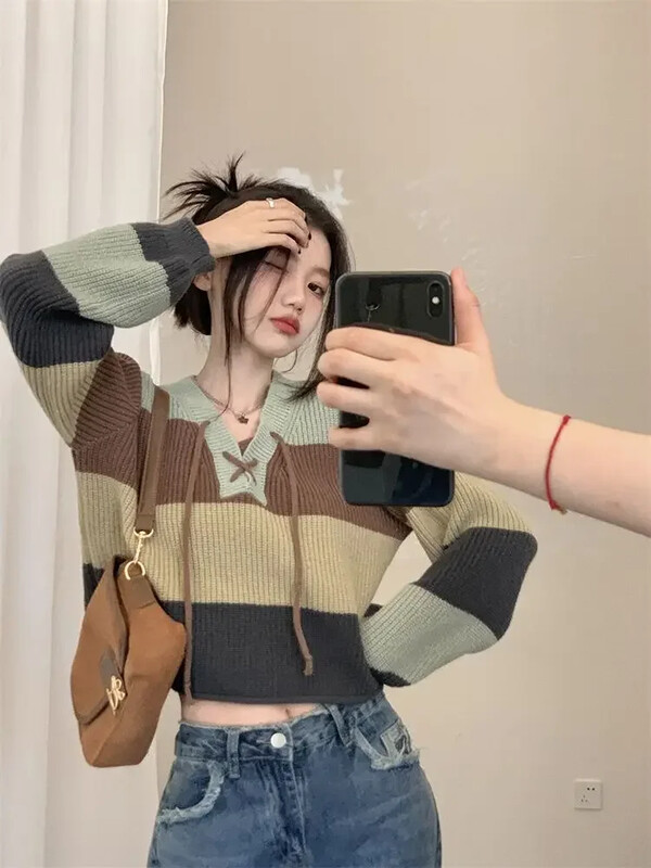Pulover pentru femei Deeptown Vintage cu dungi Tricouri în stil coreean Harajuku Patchwork cu mânecă lungă Topuri din tricot Pulover Kpop cu șireturi