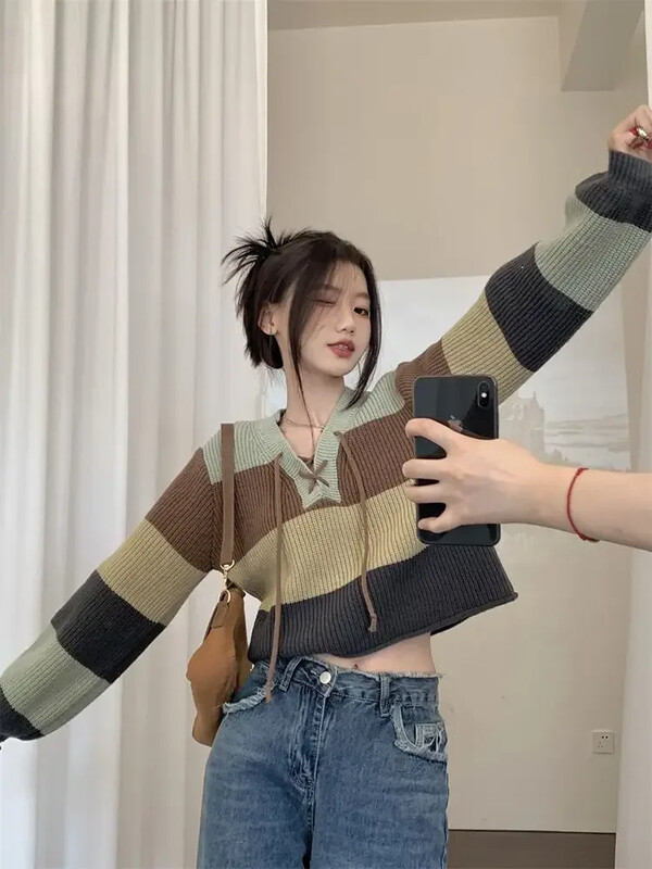Pulover pentru femei Deeptown Vintage cu dungi Tricouri în stil coreean Harajuku Patchwork cu mânecă lungă Topuri din tricot Pulover Kpop cu șireturi