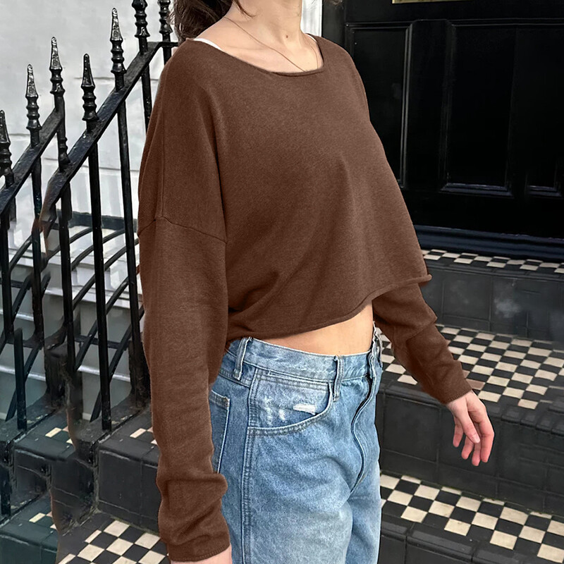 HEYounGIRL Ikdienas brīvs džemperis Sieviešu ielas apģērbs Vintage brūns ar garām piedurknēm Crop Top Fashion Y2K rudens trikotāžas puloveri Basic