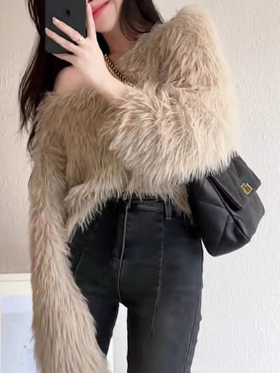 Pulover din tricot fuzzy Femei cu mânecă lungă Pulover crop periat simplu Pulover Femei Adolescent Toamna Iarnă Tinuta de bază