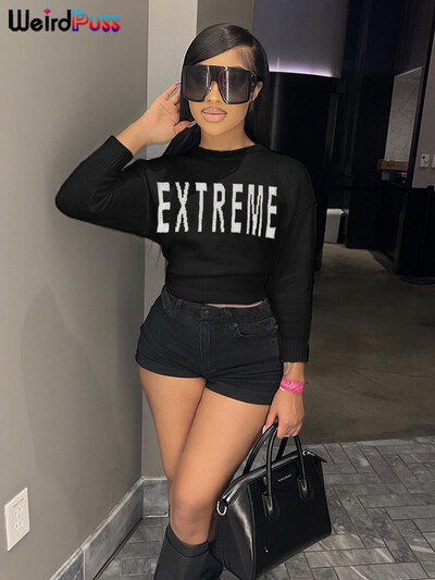 Dīvains rumpis burtu apdruka sieviešu džemperis ar O veida kakla izgriezumu rudens modes Savvaļas, izdilis, elastīgs, apgriezts topi ar garām piedurknēm, ikdienas ielas apģērba džemperis