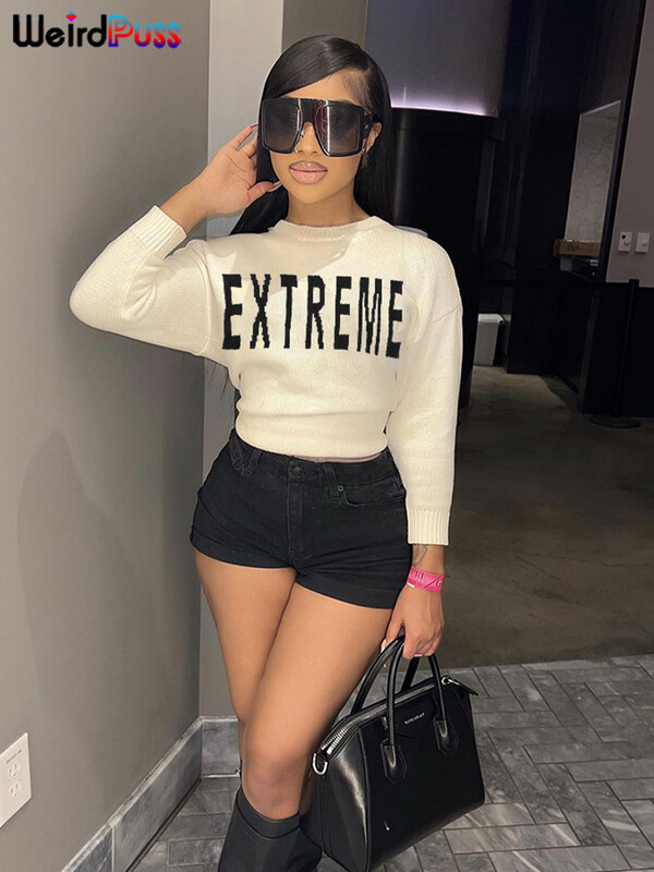 Dīvains rumpis burtu apdruka sieviešu džemperis ar O veida kakla izgriezumu rudens modes Savvaļas, izdilis, elastīgs, apgriezts topi ar garām piedurknēm, ikdienas ielas apģērba džemperis