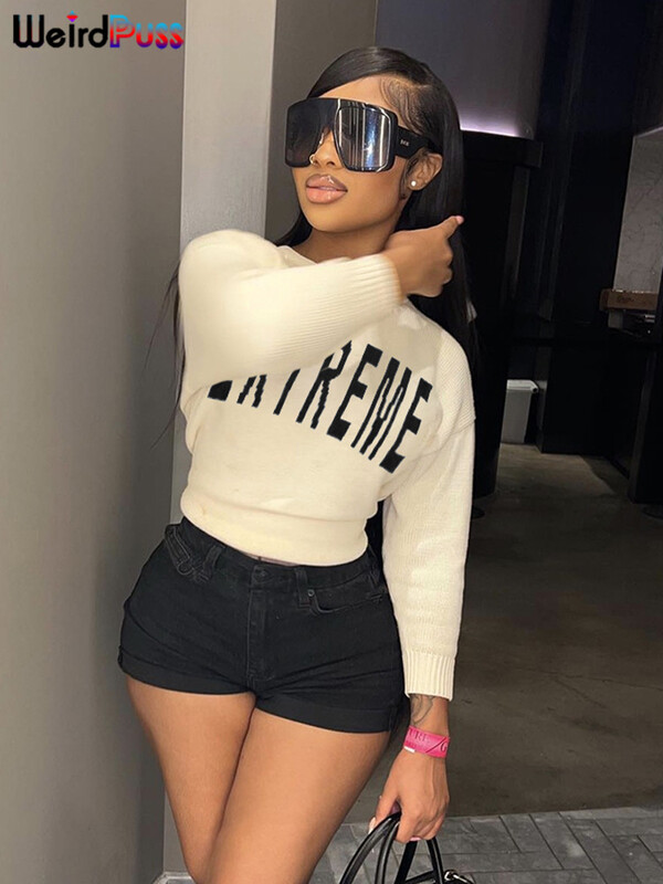 Dīvains rumpis burtu apdruka sieviešu džemperis ar O veida kakla izgriezumu rudens modes Savvaļas, izdilis, elastīgs, apgriezts topi ar garām piedurknēm, ikdienas ielas apģērba džemperis