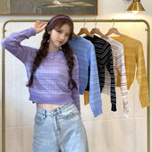 Prugasti pulover s O-izrezom Ženski pleteni, slatki, skraćeni, tanki džemper dugih rukava Proljeće i jesen Moda, ležerna, šik, osnovne majice