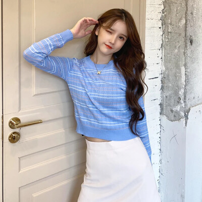 Prugasti pulover s O-izrezom Ženski pleteni, slatki, skraćeni, tanki džemper dugih rukava Proljeće i jesen Moda, ležerna, šik, osnovne majice