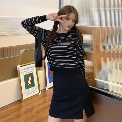 Prugasti pulover s O-izrezom Ženski pleteni, slatki, skraćeni, tanki džemper dugih rukava Proljeće i jesen Moda, ležerna, šik, osnovne majice